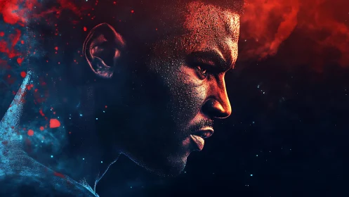 Intense athlete portrait glows within red and blue nebulae.