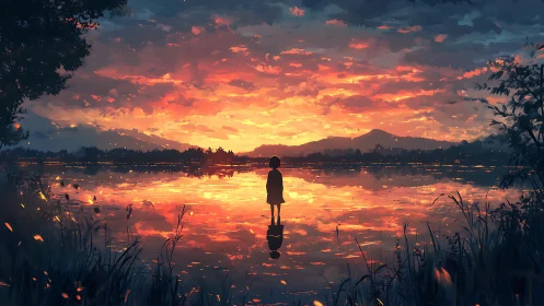 Silhouette of a solitary figure by a reflective sunset lake.