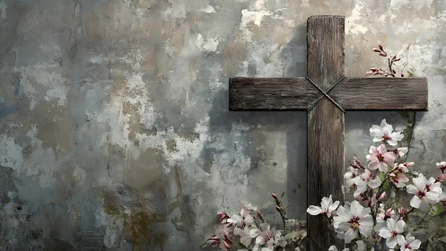 Weathered wooden cross rests calmly among soft spring blooms