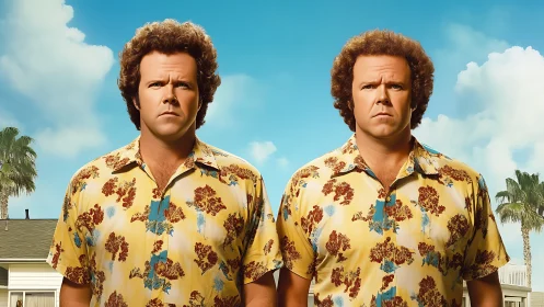 Photorealistic duplicate men in retro shirts, suburban backdrop