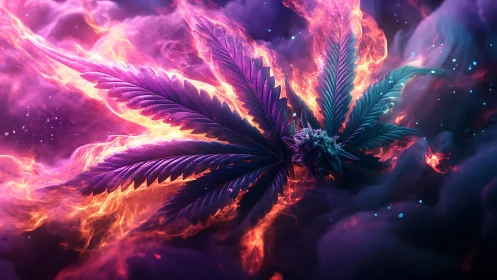 Cannabis leaf rendered in vivid neon fire and smoke