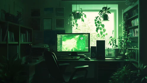 Computer workstation is situated in a plant-filled home office