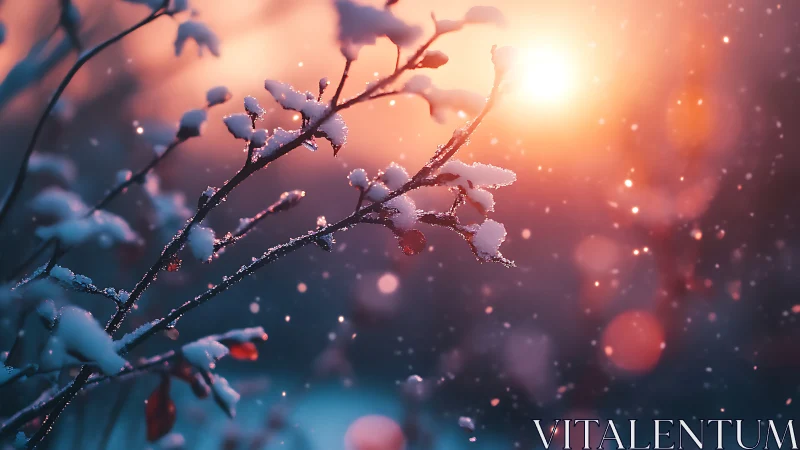 Snowy winter branches glow in warm sunset light.