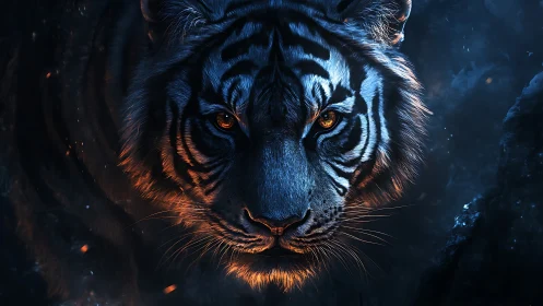Blue lit tiger advances through shadowed forest at night