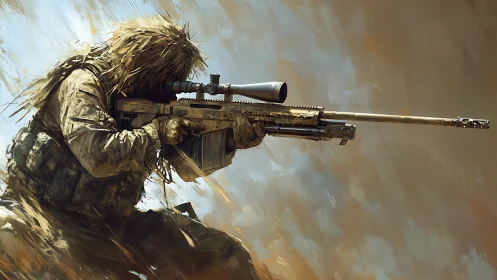 Sniper in Ghillie Suit Aiming Scoped Rifle Against Stormy Sky.