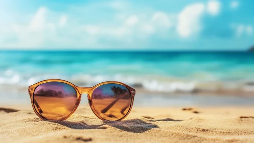 Sunglasses rest on sunlit beach sand beside blurred ocean