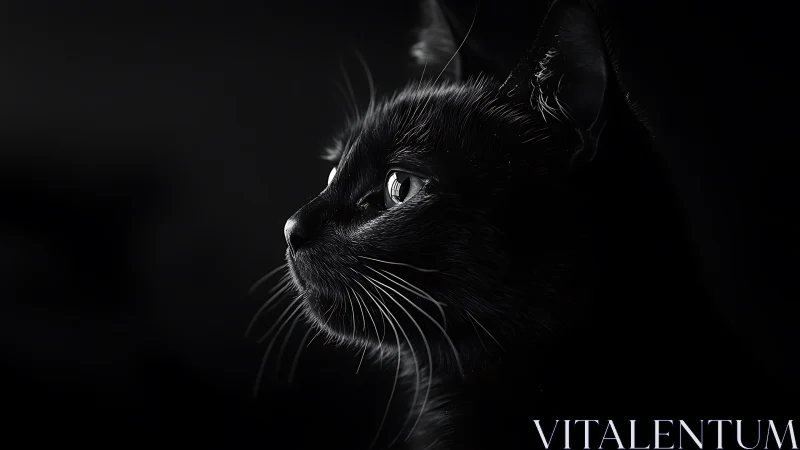 Black cat portrait in profile with illuminated eyes and whiskers.