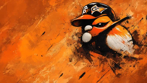 Stylized orange bird mascot in baseball cap on abstract field.