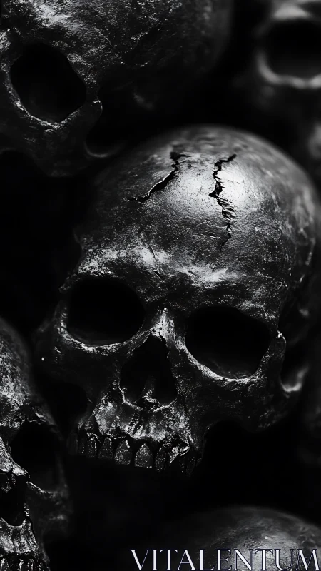 Gleaming cracked skulls emerge from a shadowed black void.