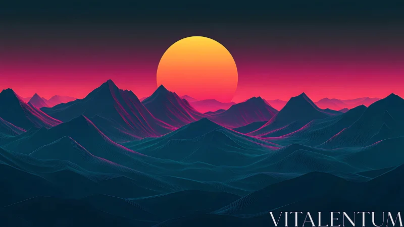 Geometric mountain ranges under stylized digital sunset.