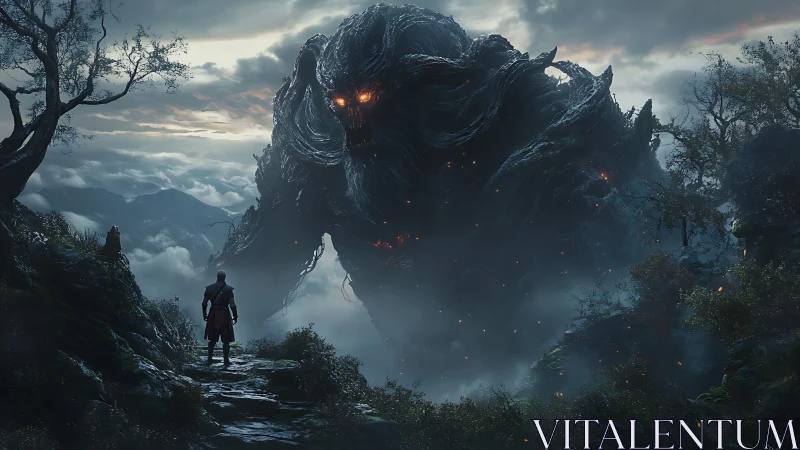 Stormlit titan of ash confronts lone wanderer at dusk.