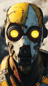 Yellow and white robotic head with glowing circular eyes.