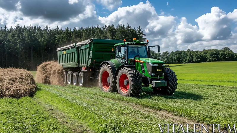 Modern green tractor towing silage trailer across summer field.