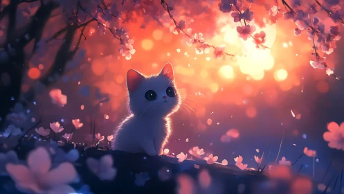 Luminescent White Feline Amid Bloom-Laden Arboreal Canopy.