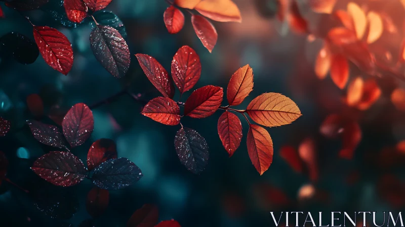 Gentle autumn leaves glowing softly in dreamy evening light.