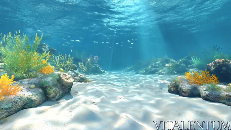 Sunlit shallow seabed with rocks, seaweed, and clear water.