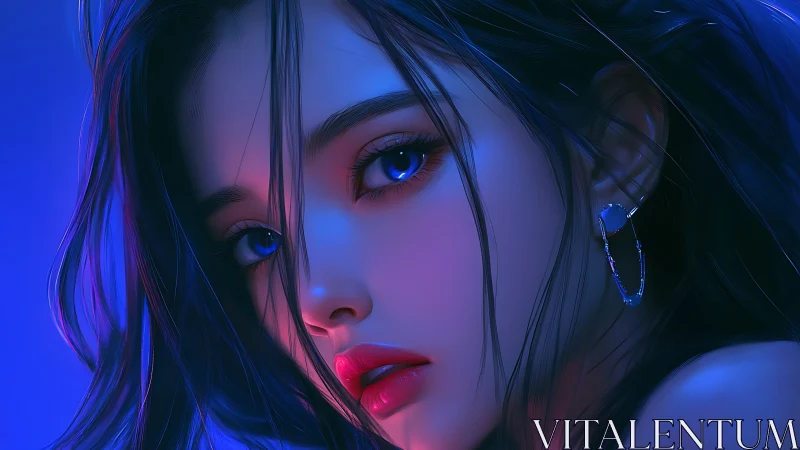 Neon-kissed portrait of a dreamy girl in electric blue glow.
