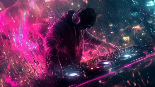 Neon-clad DJ manipulates decks in cinematic cyber rain.