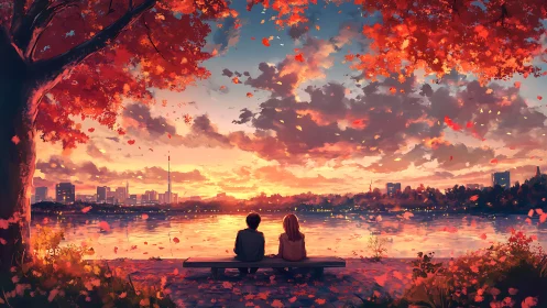 Sunset city skyline with couple under autumn leaves by lake.