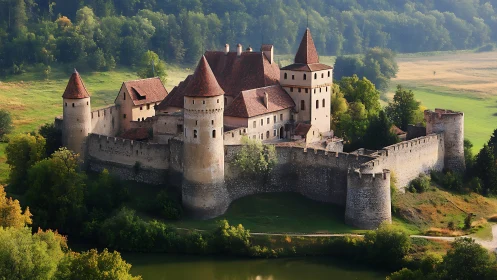 Medieval stone castle overlooks river and dense forest