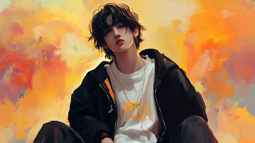 Youth in casual clothing before diffuse warm backdrop.