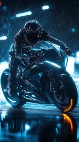 Motorcyclist on illuminated street in heavy night rain.