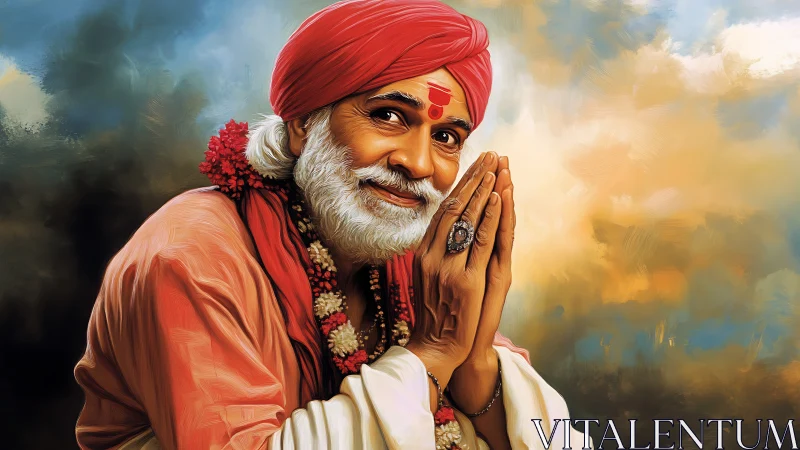 Smiling sage in saffron robes bathed in painted twilight glow.