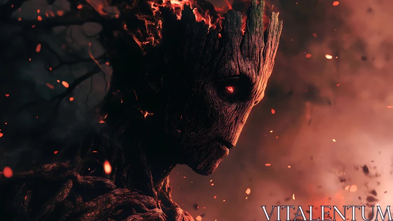 Charred wooden golem portrait with ember-lit eyes in smoke