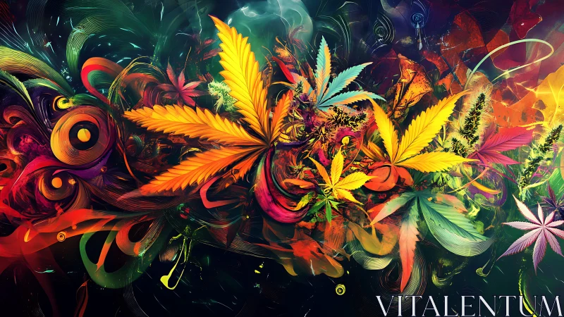 Colorful cannabis leaves swirling in a lively abstract dream.