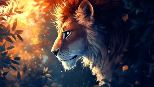 Lion profile in warm forest light, blue eyes glowing.