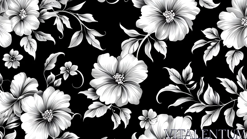 Monochrome Floral Pattern on Black Background.