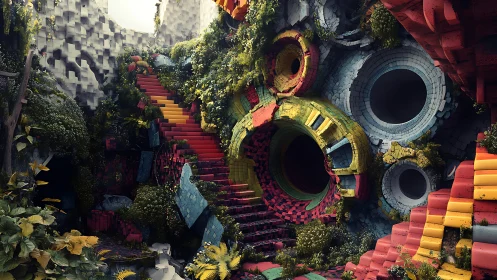 Digital ruin garden with chromatic stairwells and circular voids.