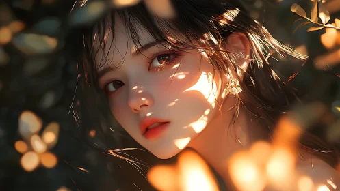 Sun-dappled daydream girl framed in glowing autumn leaves.