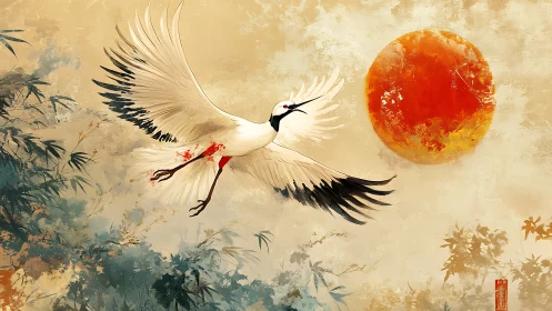 Graceful crane gliding toward a glowing crimson sun.