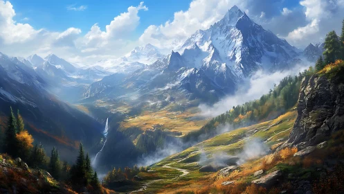 Sunlit alpine valley beneath towering snowcapped giants.