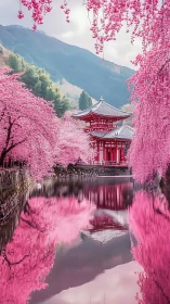 Sakura-lined temple pavilion mirrored in tranquil spring river.
