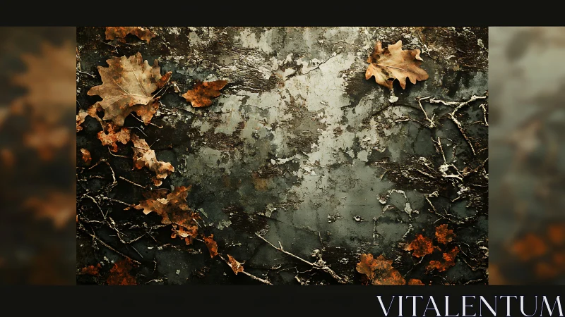 Autumn oak leaves frame a weathered, textured metal surface
