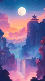 Lunar-illuminated mountain pagodas above twilight waterfall gorge