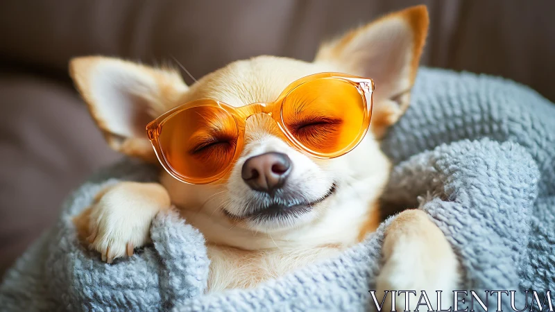 Small dog in orange sunglasses resting under textured grey blanket