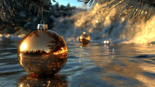 Golden baubles rest on frozen water in soft winter sunrise