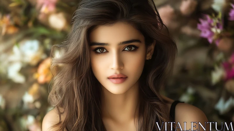 Luminous brunette portrait with floral bokeh background focus.