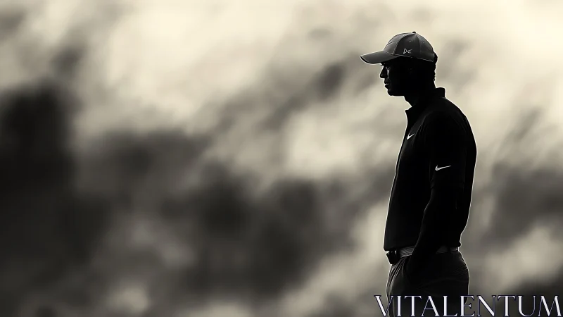 Monochrome golfer silhouette against atmospheric blurred sky.