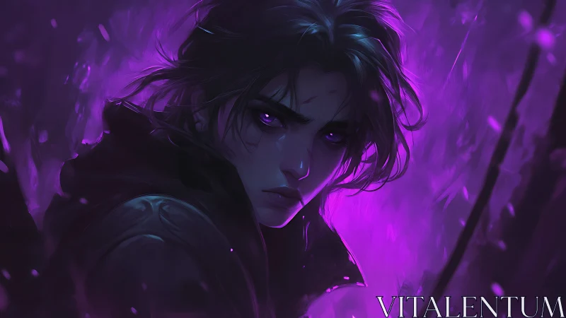 Digital portrait shows figure in purple backlit environment