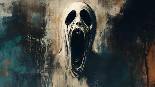 Monochrome spectral scream dissolving into abstract gloom.