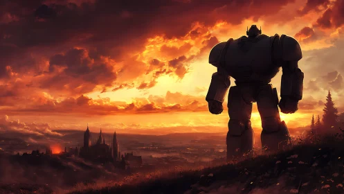 Colossal robot watches burning city beneath fierce sunset.