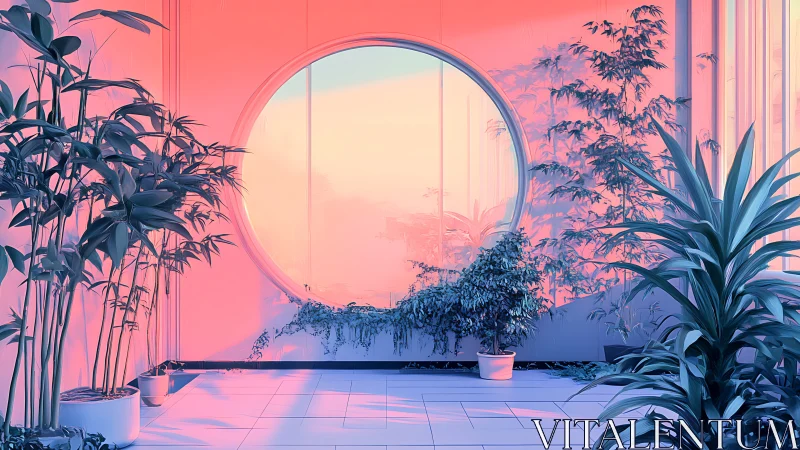 Soft sunrise window garden washed in pink and blue light.