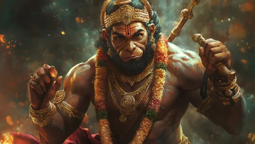 Powerful divine warrior stands radiant in golden armor