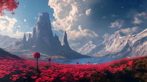 Crimson bloom valley under titan spires and sapphire skies.