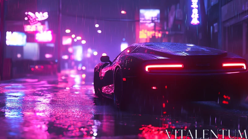 Neon rain crowns a cyber car prowling through midnight streets