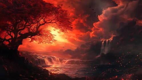 Apocalyptic Landscape with Inferno Waterfall at Sunset.